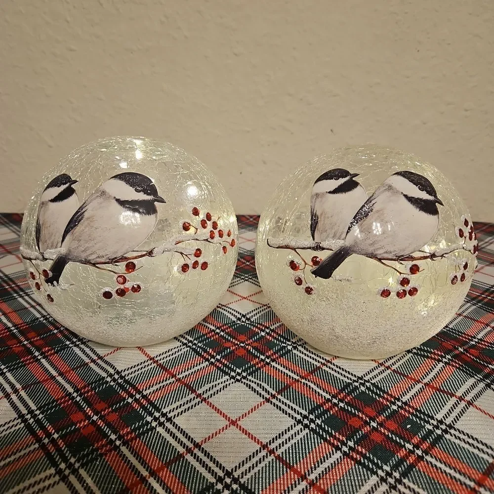Crackle Glass Decorative Birds & Berries LED Lighted Holiday Globe Decor